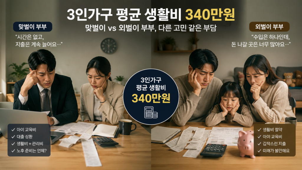3인 가구 맞벌이, 외벌이 생활비, 평균 소득 지출