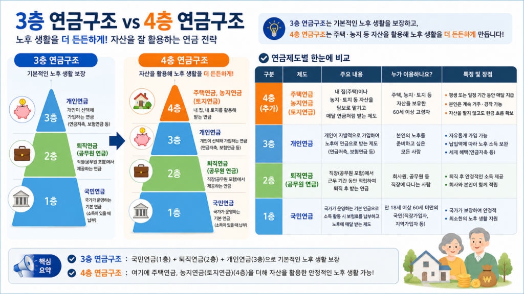 3층 연금구조, 4층 연금구조, 주택연금, 농지연금, 토지연금 분석